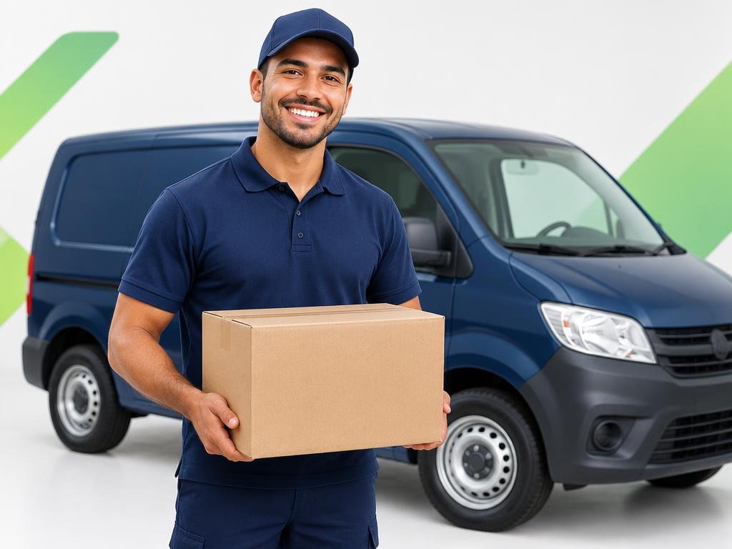 Entregador sorridente segurando um pacote na frente do veículo de entrega
