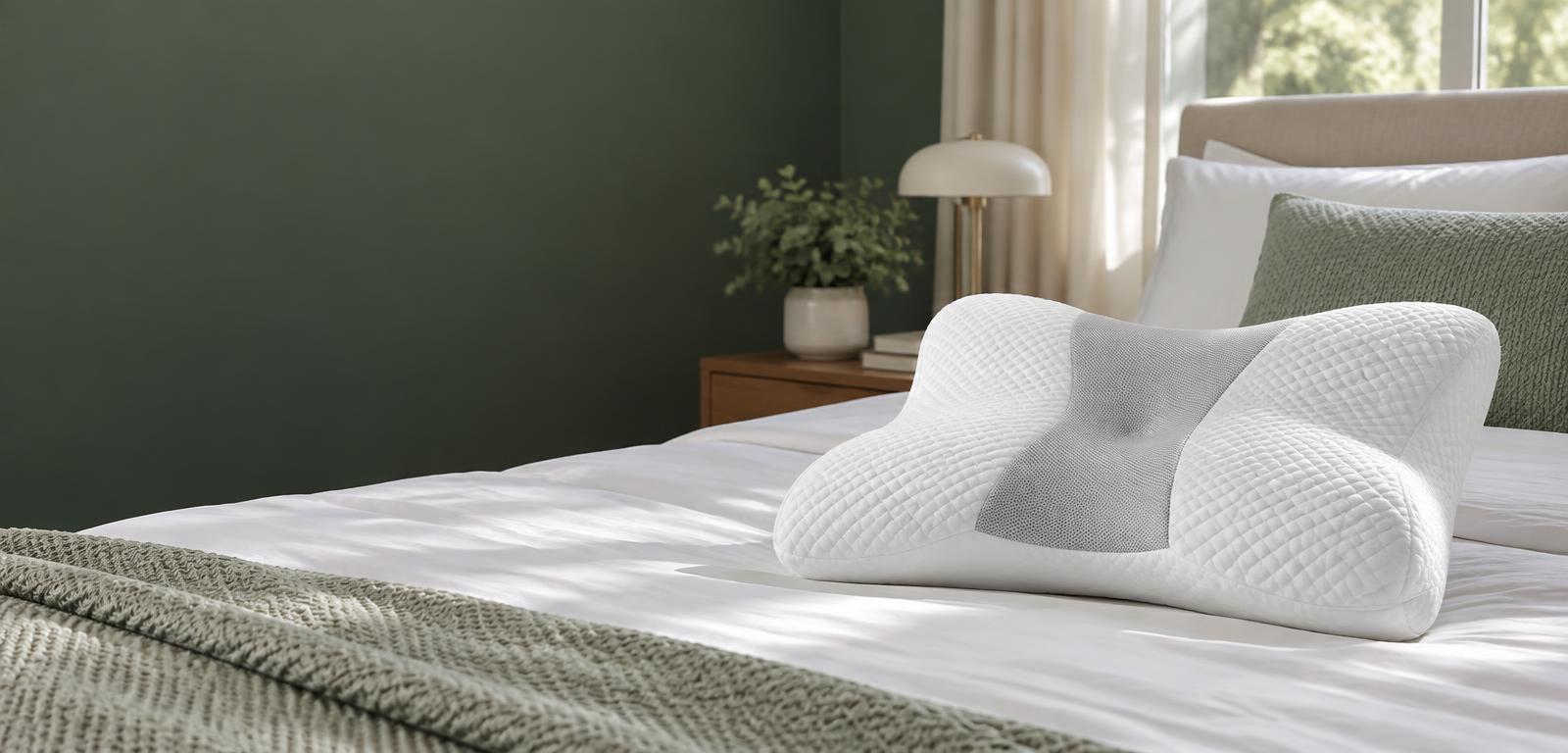 Travesseiro cervical ergonômico sobre uma cama